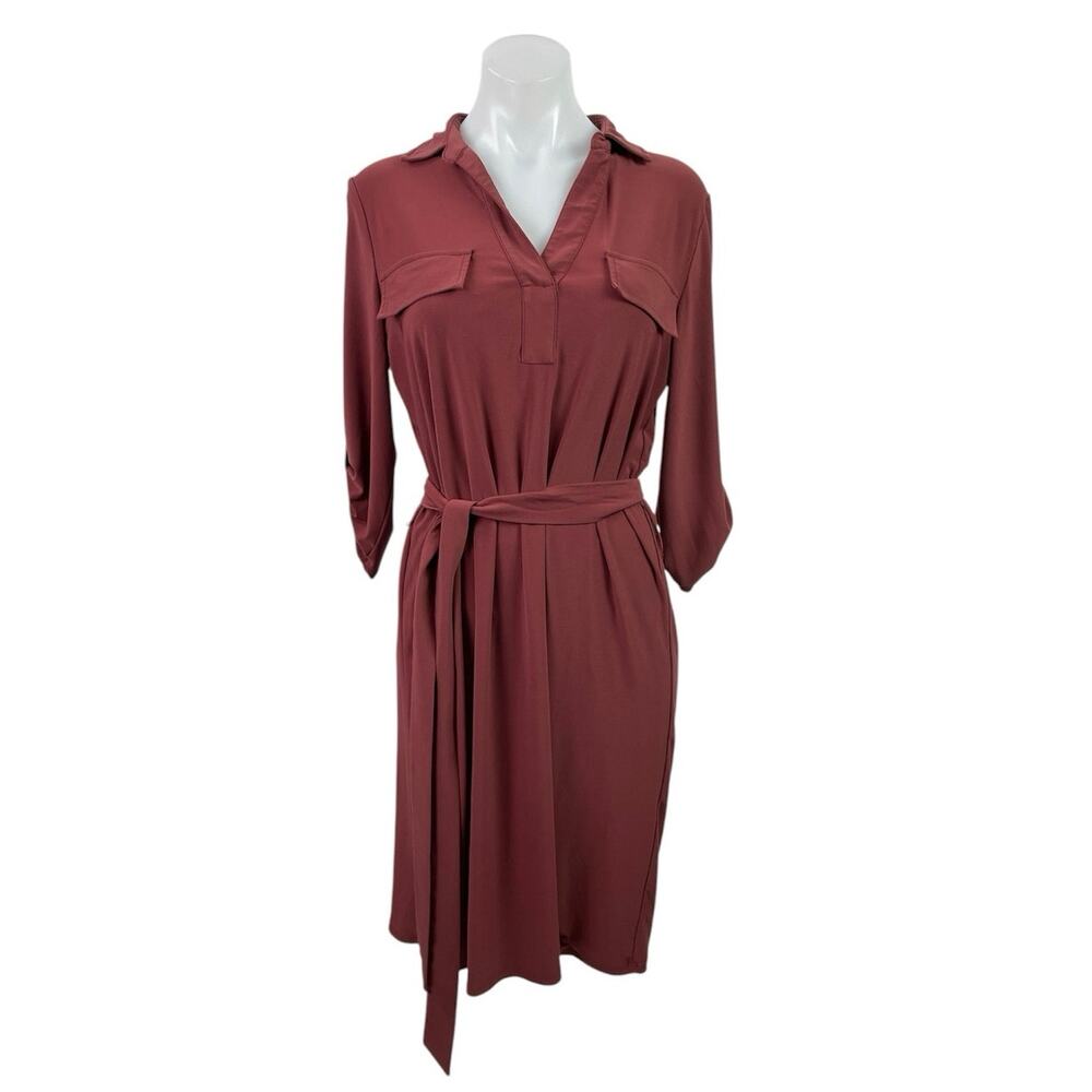 Alfani Womens Red Collared Long Sleeve Tie Waist Midi Flare A-Line Shirt Dress M